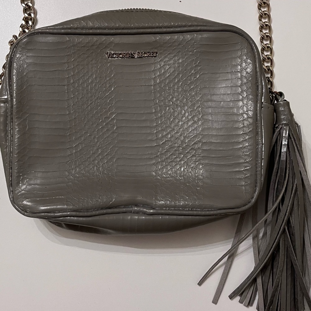 Grey Silver Textured Leather Gold Chain Victoria’s Secret Crossbody bag